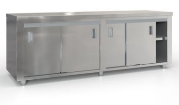 Working table with sliding doors (240x70 cm) in the color silver.