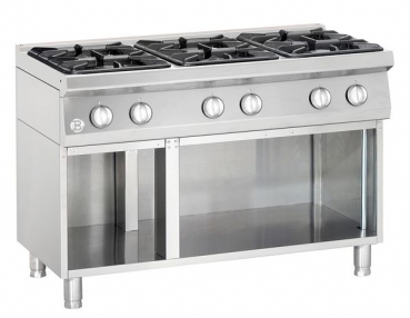 Gas stove, 6 burners, with open base frame, 1200x700x900mm