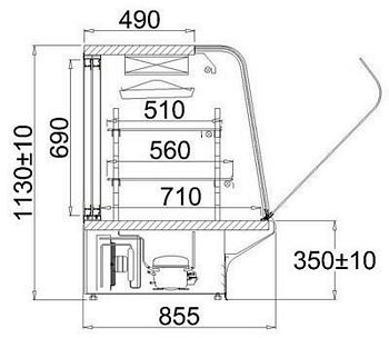 Cake showcase, July, 850x1130mm D.H. length of 1290 to 2520mm
