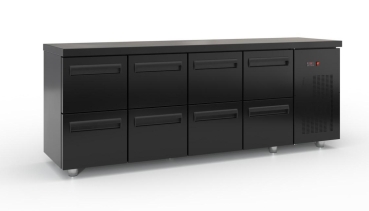 Refrigerated counter with drawers and compressor on the right (225x60 cm) in black color