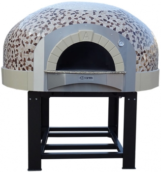 Wooden pizza oven D160K, dome with mosaic stones, 195 pizzas á Ø 30 cm per hour, fixed & unheated baking surface, weight 2,300 kg