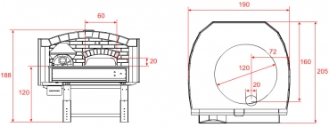 Wood pizza oven DR120, brick style, 135 pizzas á Ø 30 cm per hour, rotating and unheated baking surface, weight 1,950 kg