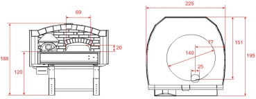 Wood pizza oven DR140, brick style, 195 pizzas á Ø 30 cm per hour, rotatable and unheated baking surface, weight 2,100 kg