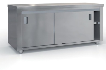 Working table with sliding doors (140x70 cm) in the color silver.