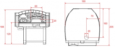 Hybrid pizza oven MIX120V with wood and gas, brick style, 135 pizzas á Ø 30 cm per hour, fixed & unheated baking surface, weight 1,950 kg