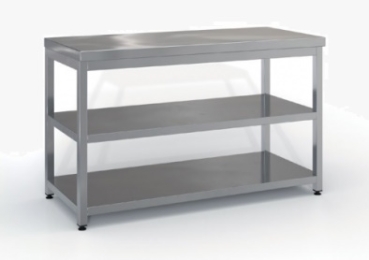 Working table with shelf (220x60 cm) in the color silver.