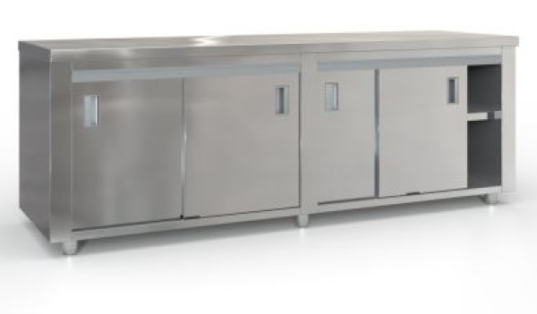 Working table with sliding doors (240x70 cm) in the color silver.