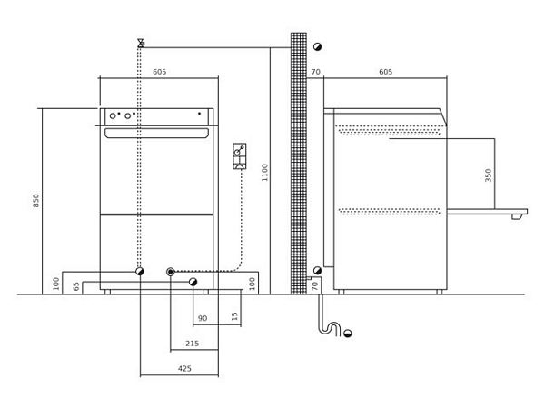 Digital-Dishwasher, with drain p./water s., 400V, 605x605x850mm