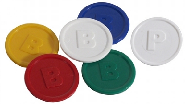 Contacto Tokens coloured plastic, packed and priced in 100's