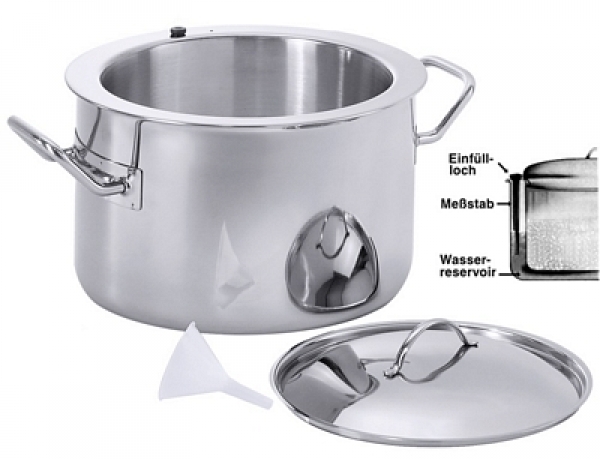 Simmer pot, mirror polished, with lid, dip-stick and funnel