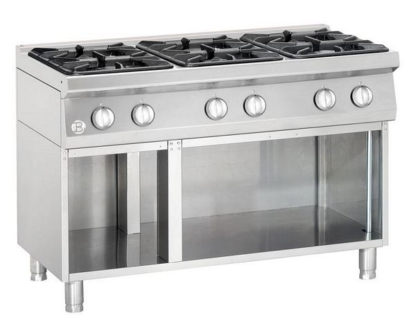 Gas stove, 6 burners, with open base frame, 1200x700x900mm