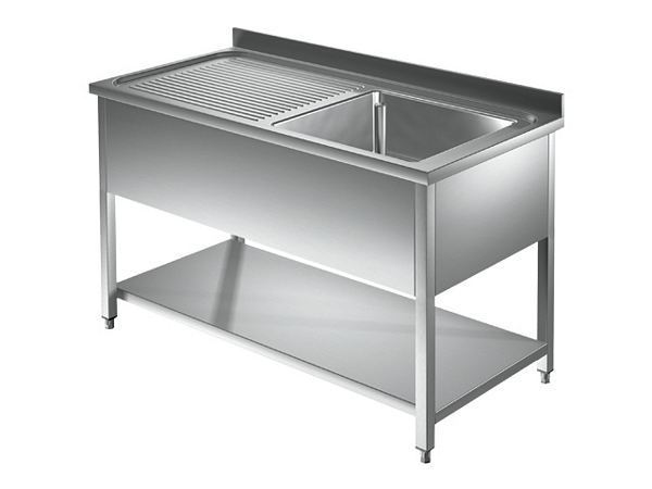 Sink with 1 bowl right and shelving, 1400x600x850mm