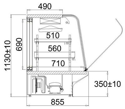Cake showcase, July, 850x1130mm D.H. length of 1290 to 2520mm