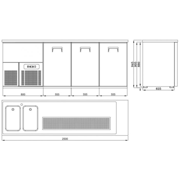 BEER COUNTER WITH 3 DOORS & 2 SINKS ON THE LEFT