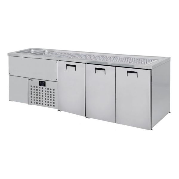 BEER COUNTER WITH 3 DOORS & 2 SINKS ON THE LEFT