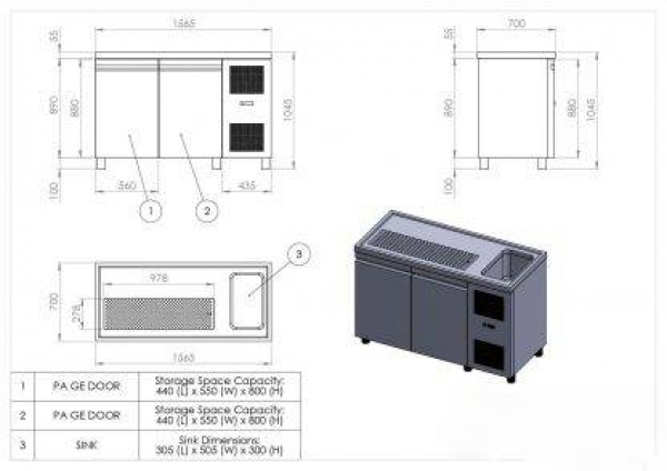 Beer bar, with 1 basin right, 2 doors, 1600x700x970mm NK-GE 160R1