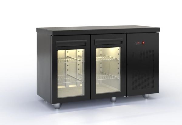 Refrigerated counter with glass doors and compressor on the right (135x60 cm) in black color