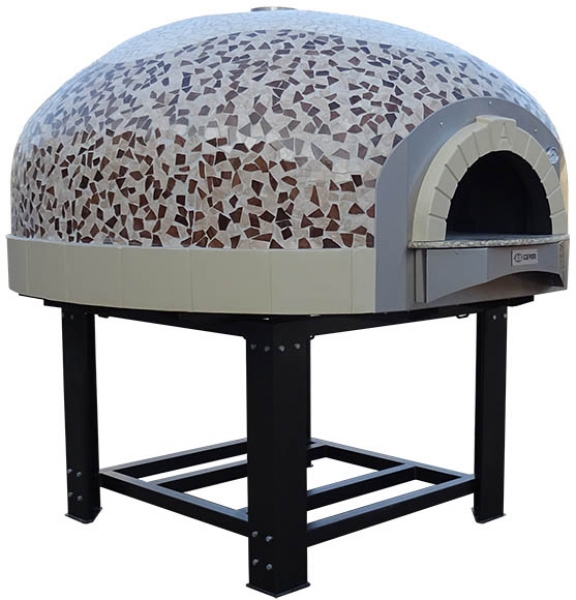 Wooden pizza oven D160K, dome with mosaic stones, 195 pizzas á Ø 30 cm per hour, fixed & unheated baking surface, weight 2,300 kg