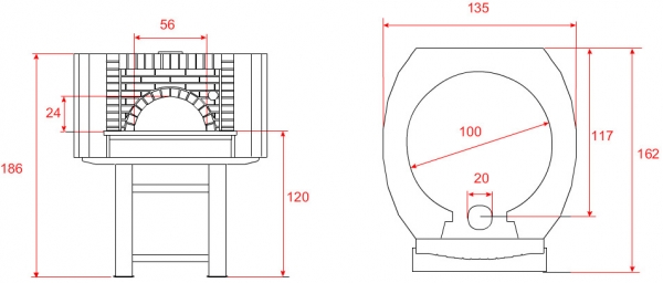 Wood pizza oven D100C, brick style, 60 pizzas á Ø 30 cm per hour, fixed & unheated baking surface, weight 1.100 kg