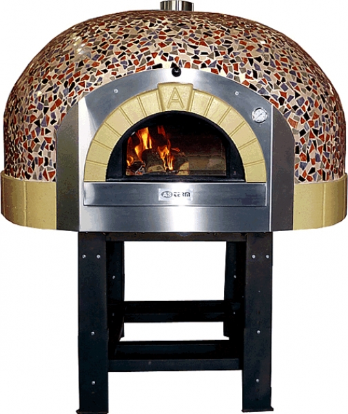 Wooden pizza oven D160K, dome with mosaic stones, 195 pizzas á Ø 30 cm per hour, fixed & unheated baking surface, weight 2,300 kg