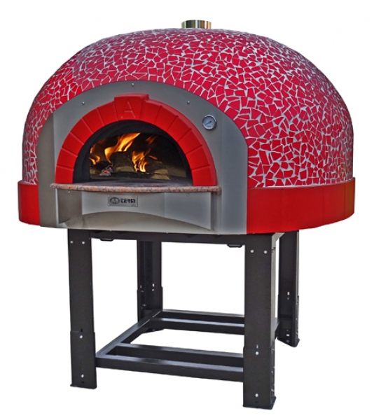 Wooden pizza oven D140K, dome with mosaic stones, 150 pizzas á Ø 30 cm per hour, fixed & unheated baking surface, weight 1,900 kg