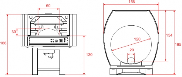 Gas pizza oven GR120C-B0, metal housing with brick elements, 135 pizzas á Ø 30 cm per hour, rotating and not separately heated baking surface, weight 1,600 kg
