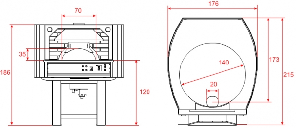 Gas pizza oven GR140C-B0, metal housing with brick elements, 195 pizzas á Ø 30 cm per hour, rotating and not separately heated baking surface, weight 1,950 kg