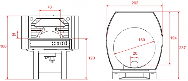 Gas pizza oven GR160C-B0, metal housing with brick elements, 270 pizzas á Ø 30 cm per hour, rotating and not separately heated baking surface, weight 2.300 kg