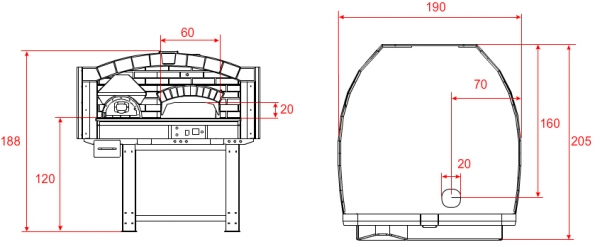 Hybrid pizza oven MIX120V with wood and gas, brick style, 135 pizzas á Ø 30 cm per hour, fixed & unheated baking surface, weight 1,950 kg