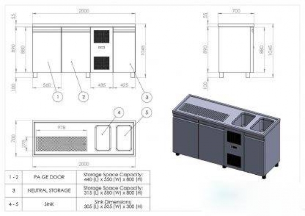Beer bar, with 2 basin right, 2 doors, 1920x700x970mm NK-GE 195R2