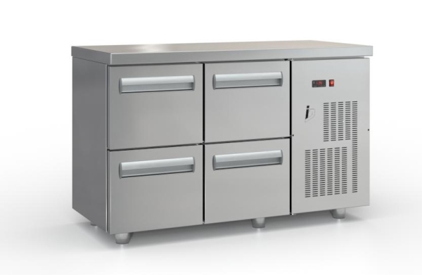Refrigerated counter with drawers and compressor on the right (135x60 cm) in silver color
