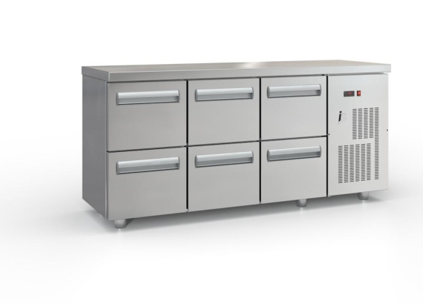 Cooling table with drawers and compressor right (180x70 cm) in silver color