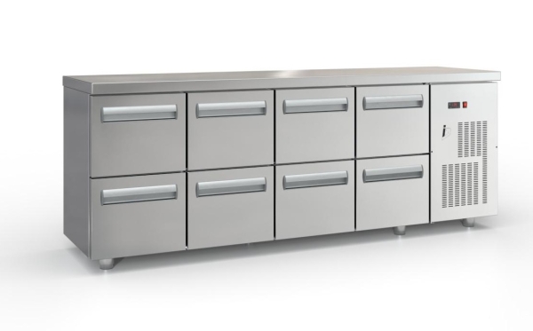 Kühltisch mit Schubladen und Compressor Rechts (225x70 cm) in der Farbe Silber