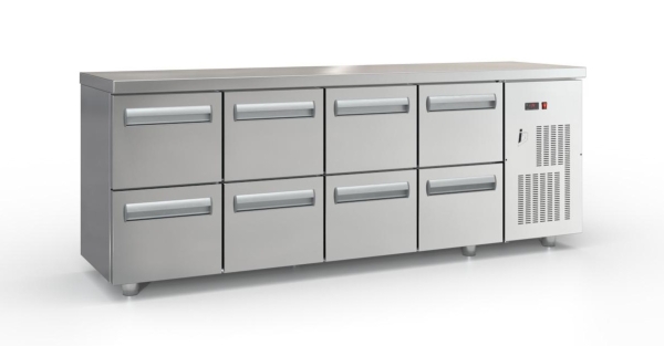 Refrigerated counter with drawers and compressor on the right (225x60 cm) in silver color