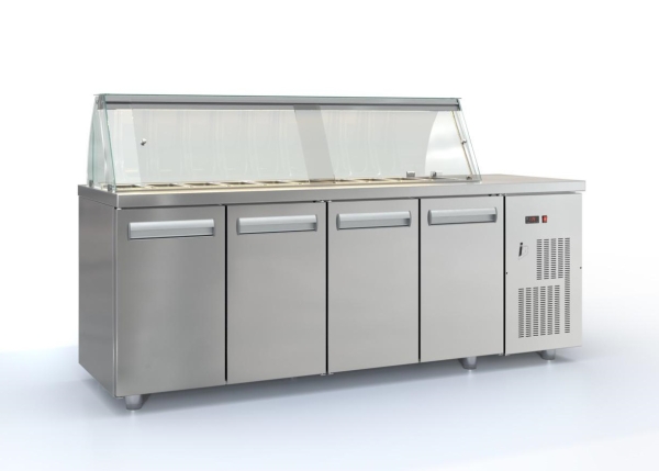 Silver saladette (225x70 cm) with compressor on the right