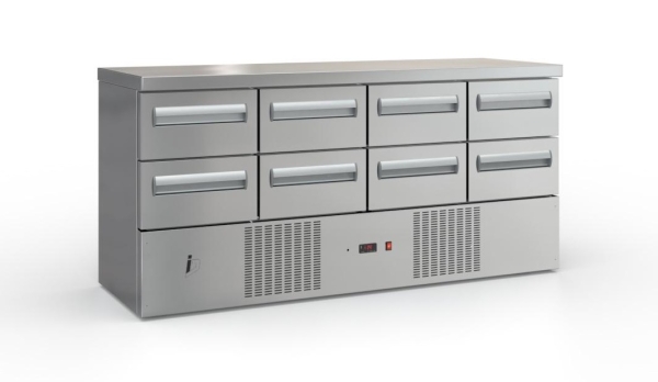 Refrigerated counter with drawers and compressor (180x60 cm) in silver color