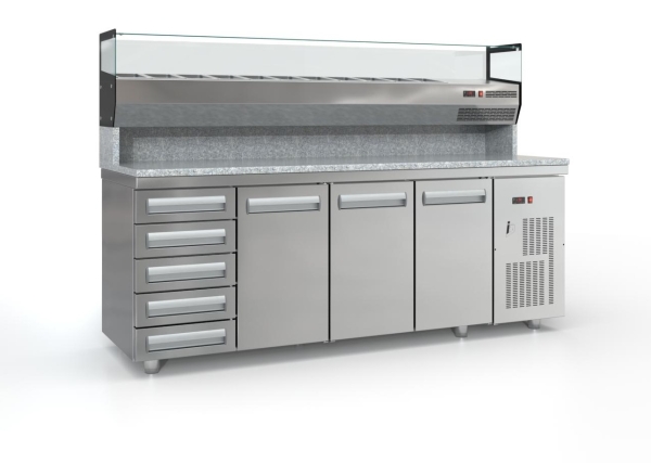 Pizza counter with granite (225x75 cm) and compressor on the right