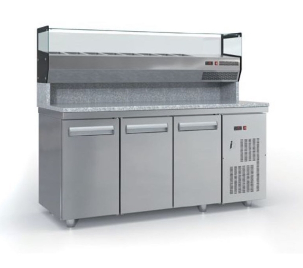 Pizza counter with granite (180x75 cm) and compressor on the right in the color silver.