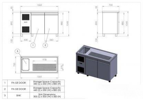 Beer bar, with 1 basin left, 2 doors, 1600x700x970mm NK-GE 160L1