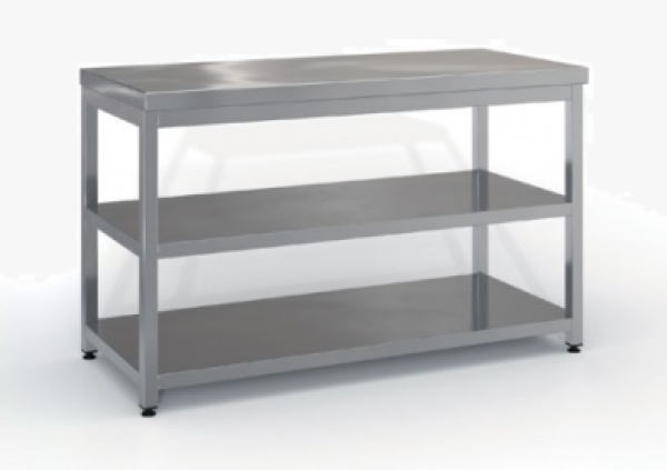 Working table with shelf (70x70 cm) in the color silver.