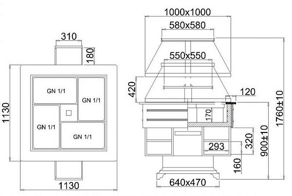 Salad Display BORDERS, static cooling, 1130x1130x1370/1760mm