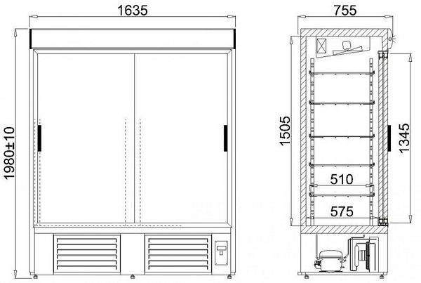 Stainless steel refrigerator KENT 1400.PS/B, 2-doors, 1635x765x1