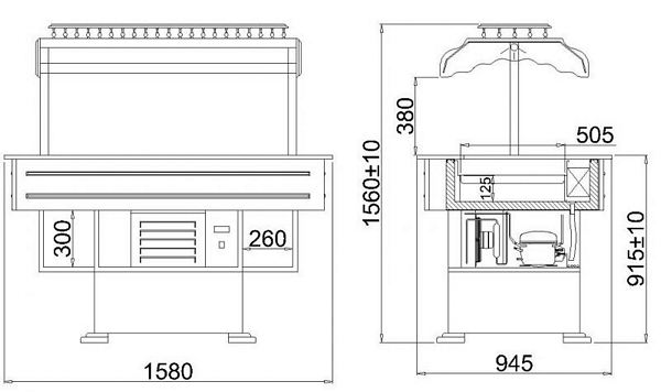 Salad Display HAWAII, static cooling, 1580x945x1560+/-10mm