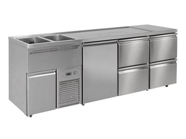 Beer bar, 2 basin l., 1 door and 4 drawers r., 2500x700x970mm
