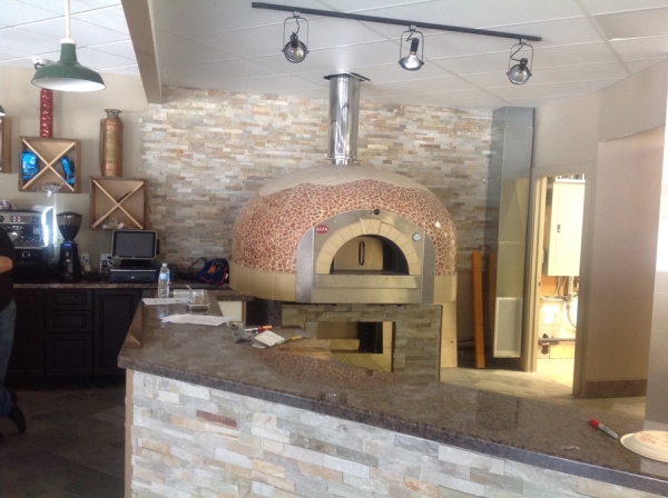 Wooden pizza oven D140K, dome with mosaic stones, 150 pizzas á Ø 30 cm per hour, fixed & unheated baking surface, weight 1,900 kg